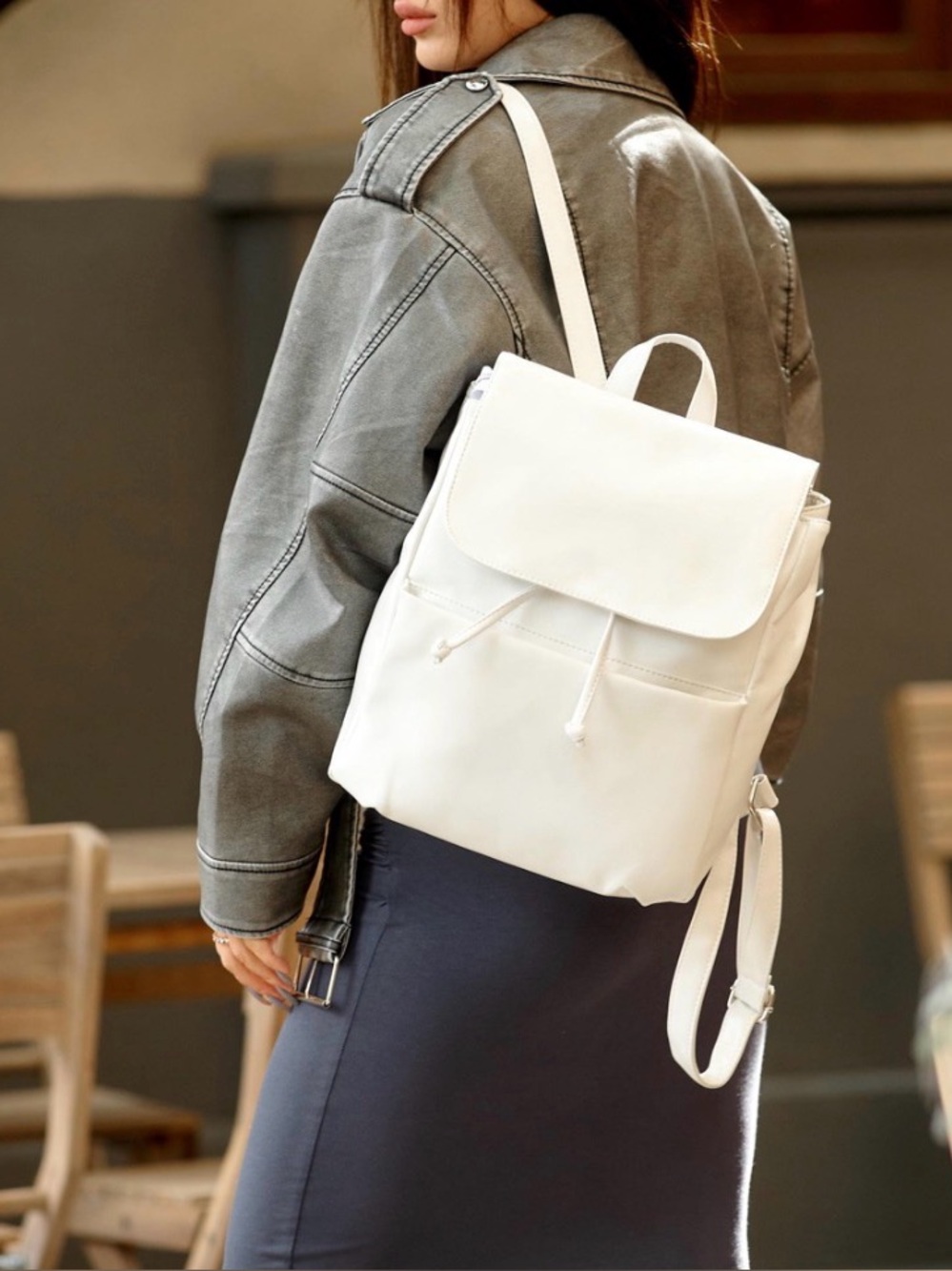 Simons White Minimal Flap Drawstring Backpack